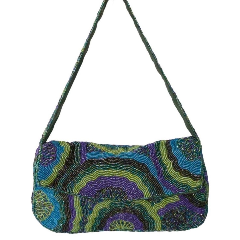 Cache Beaded Mini Baguette Handbag Purse Green Blue Purple